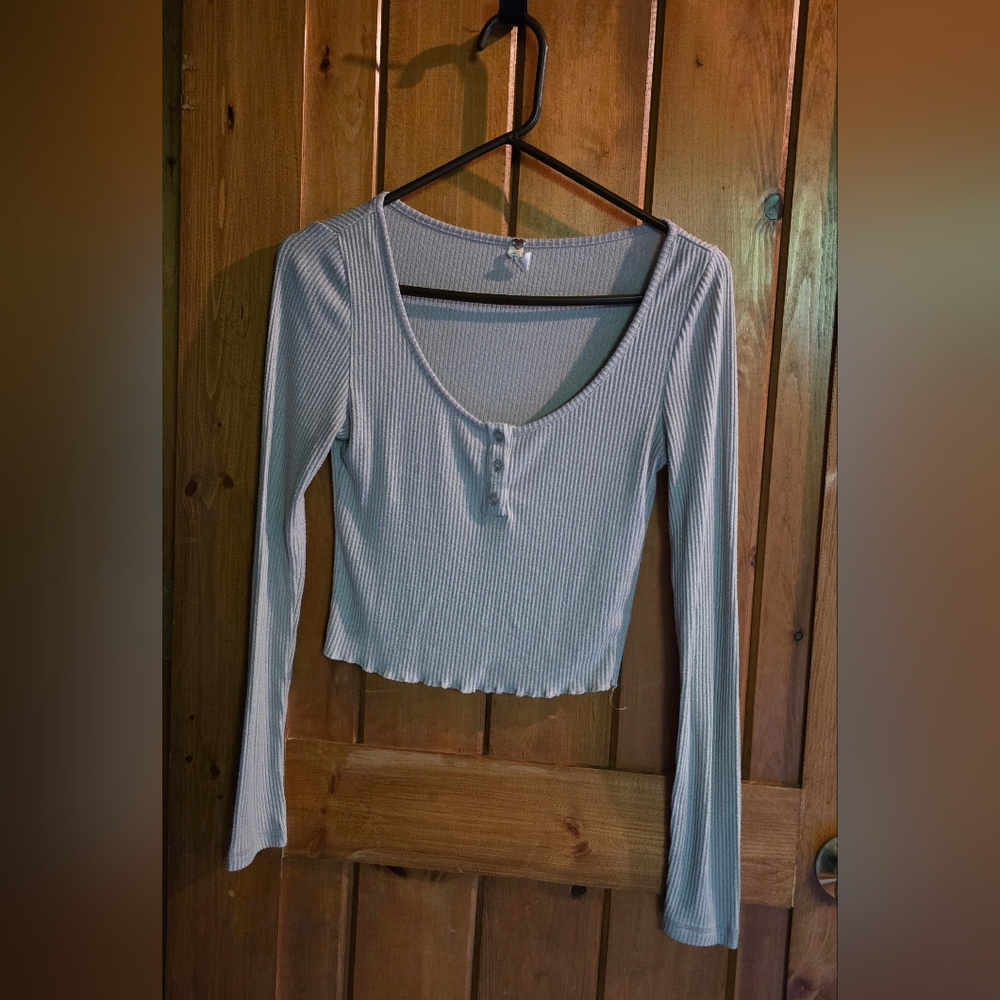 Blue Fitted Long Sleeve Crop Blouse
